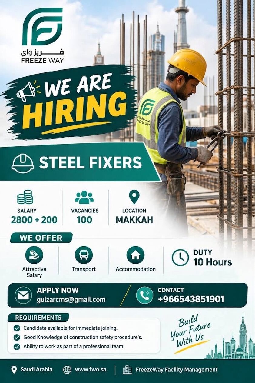 Makkah, Jobs, We Are Hiring- Steel Fixers