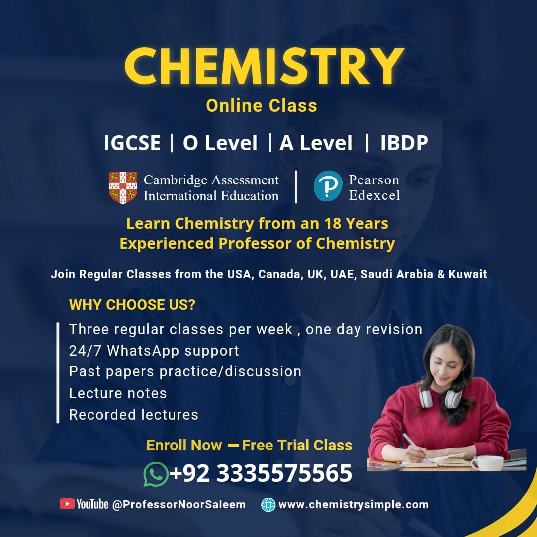 Islamabad, Lessons Offered, Online Chemistry Tutor | Cambridge IGCSE, A Level & IBDP | 15+ Years Experience