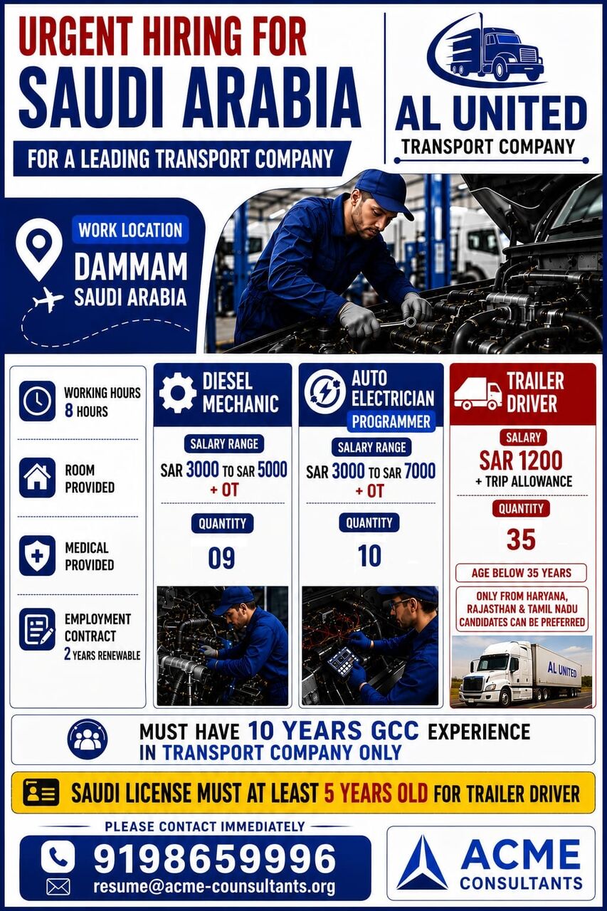 Mumbai, Jobs, Experienced Diesel Mechanic & Auto Electrician - Transport Company , Saudi Arabia