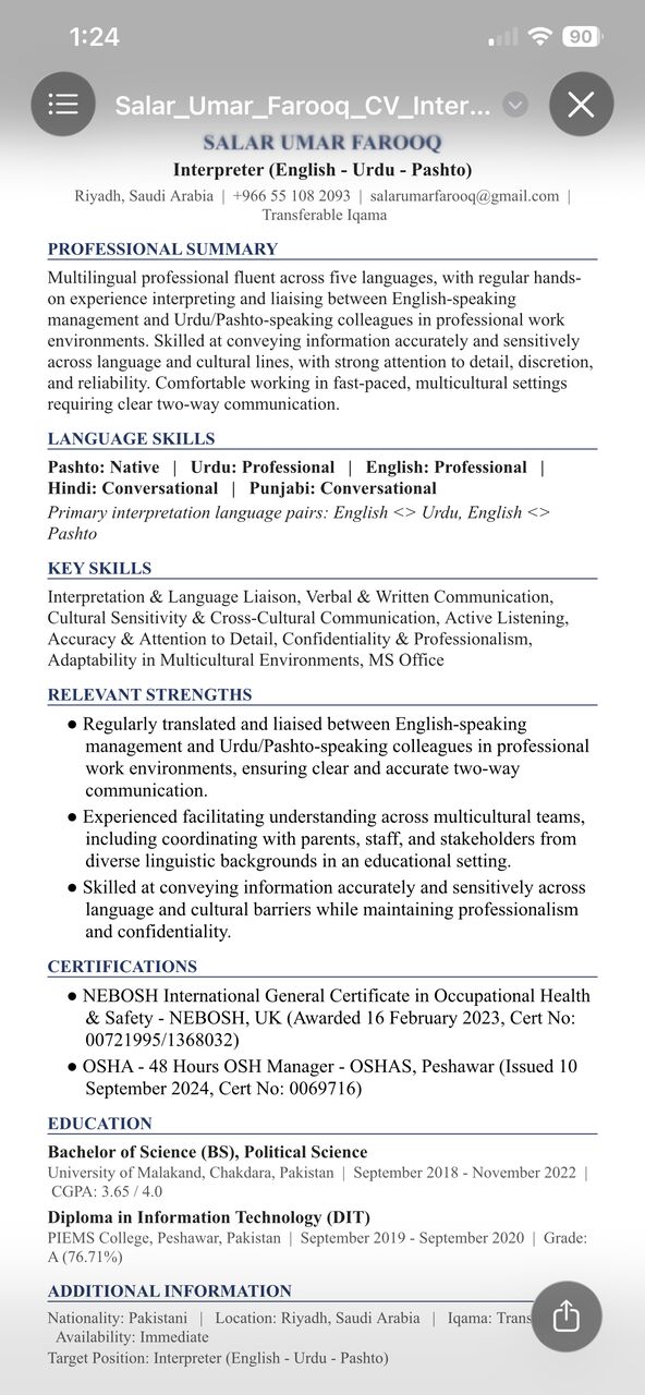 Riyadh, Job Seekers, Available Experienced Interpreter