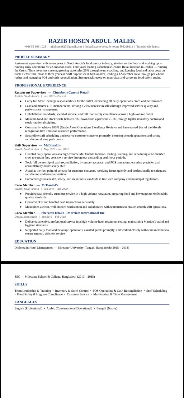 Riyadh, Job Seekers, Restaurant Supervisor