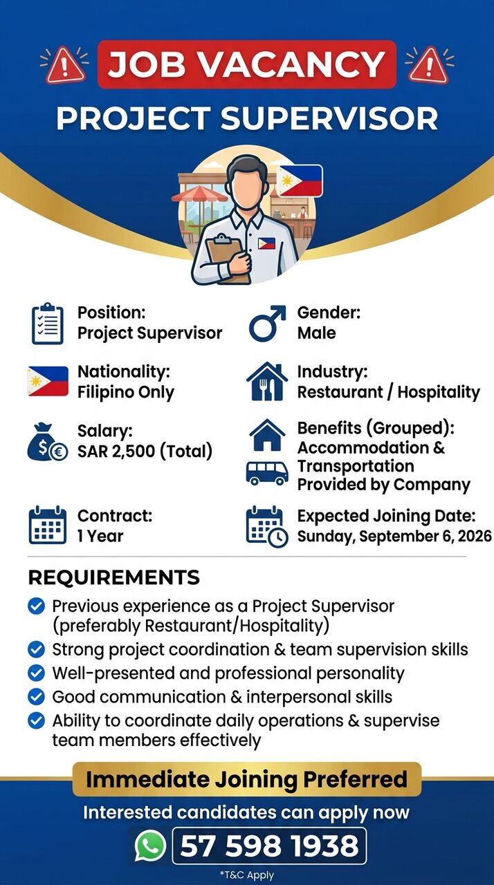 Riyadh, Jobs, Urgent Hiring !!! Filipino - Project Supervisor