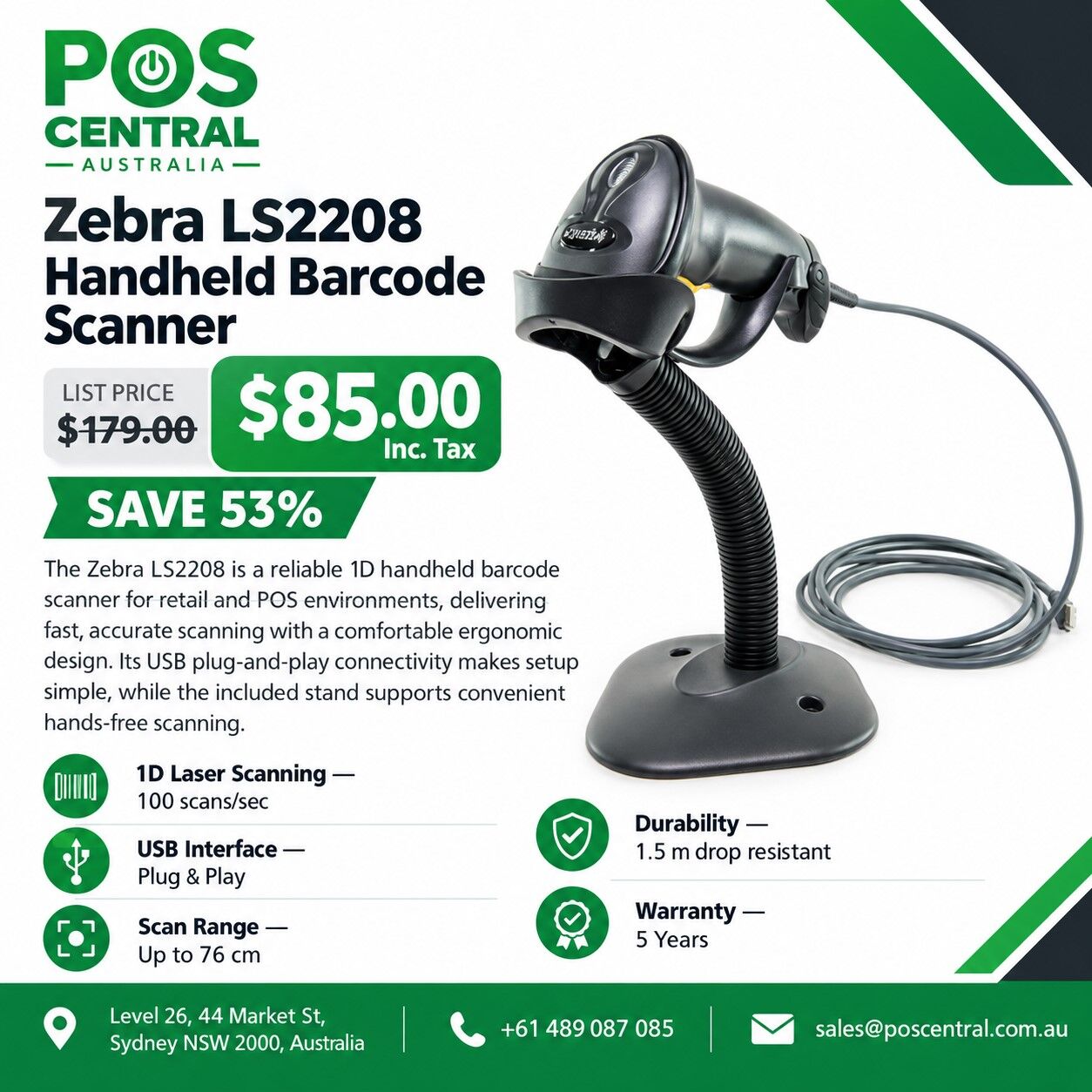 Sydney, Electronics, AUD 85,  Zebra LS2208 Barcode Scanner &ndash; Fast 1D Scanning For POS