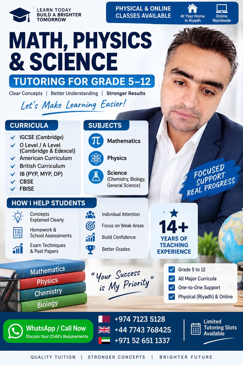 Riyadh, Lessons Offered, Xpert Math, Physics & Science Tutor | Grade 5&ndash;12 | IGCSE, A-Level & IB