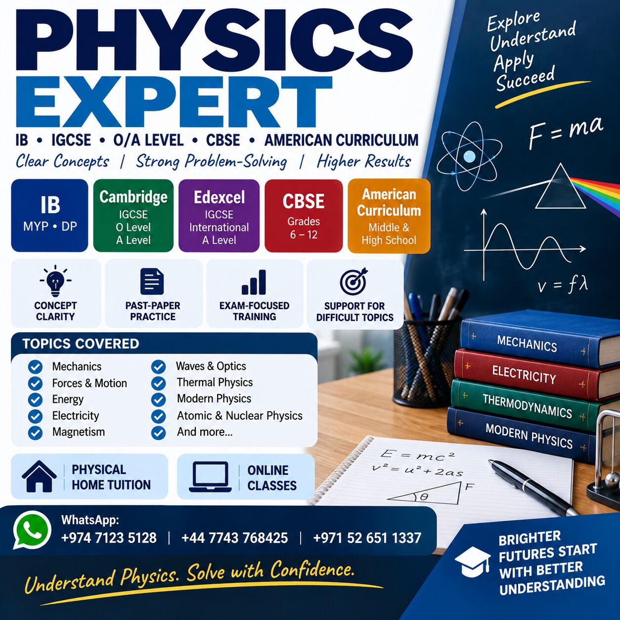Riyadh, Lessons Offered, PHYSICS EXPERT | IB &bull; IGCSE &bull; O/A LEVEL &bull; CBSE &bull; AMERICAN CURRICULUM