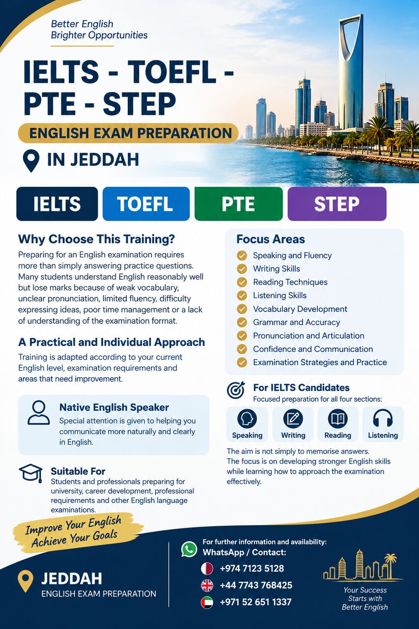 Jeddah, Lessons Offered, IELTS - TOEFL - PTE - STEP | English Exam Preparation In Jeddah
