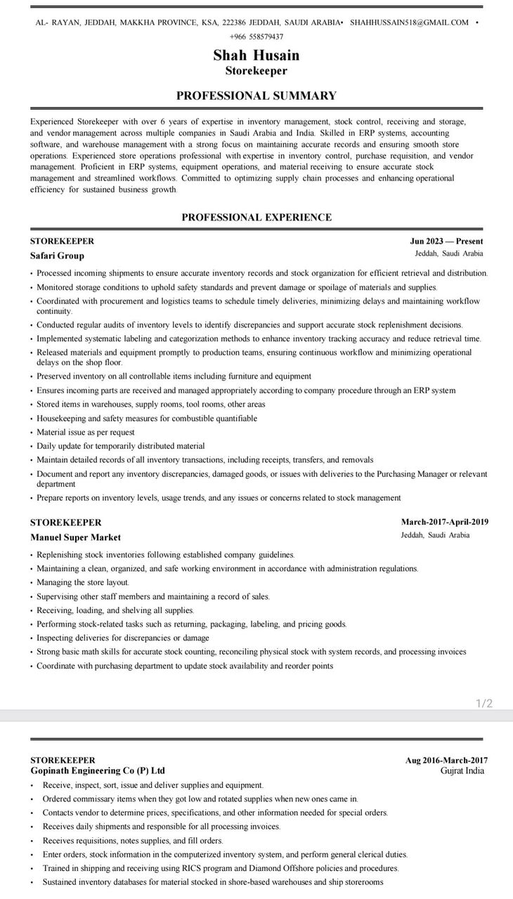 Makkah, Job Seekers, Warehouse Supervisior/Storekeeper/Inventory Control Specialist