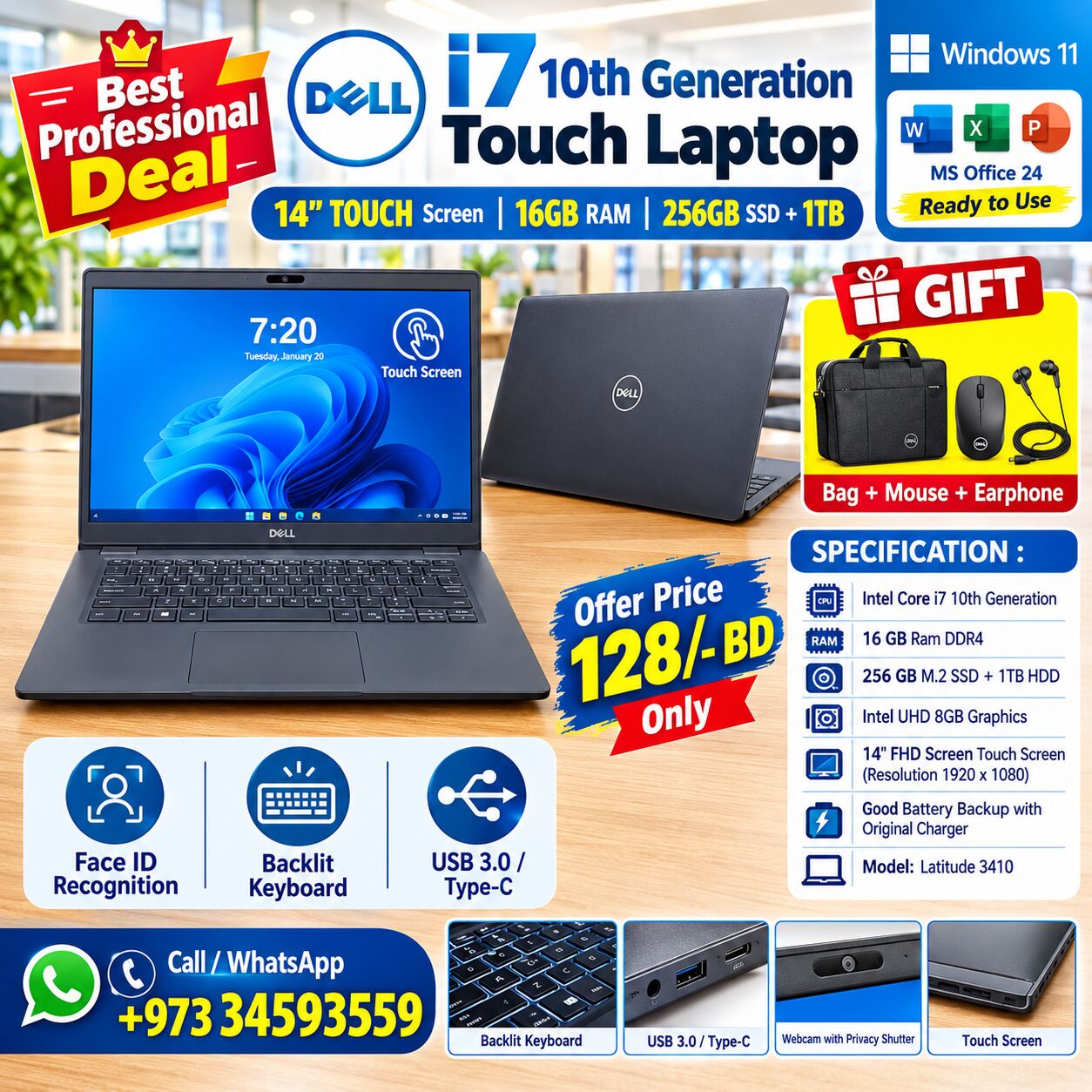 Isa Town, Electronics, BHD 128,  DELL 10th Generation Touch Core I7 Laptop 14" FHD Touch Screen 16GB RAM 256GB SSD + 1TB HD