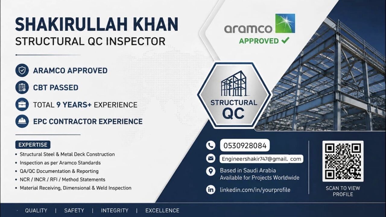 Jubail, Job Seekers, I&rsquo;m Currently Looking For A Structural QC Inspector. Please Let Me Know If You Have Any Su
