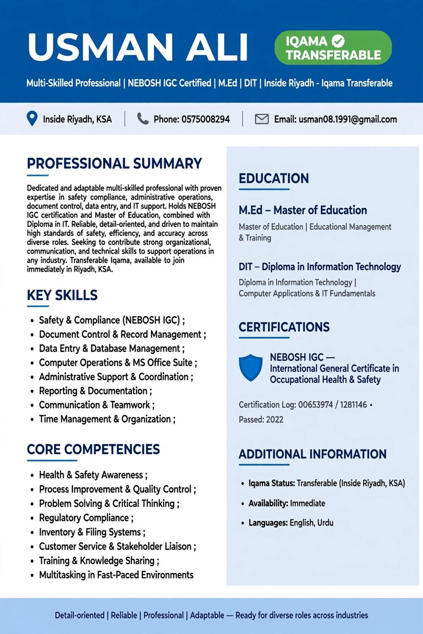Riyadh, Job Seekers, Looking For A Job Assistant Documents Controller/ Assistant Safety Officer/ Data Entry/ Co