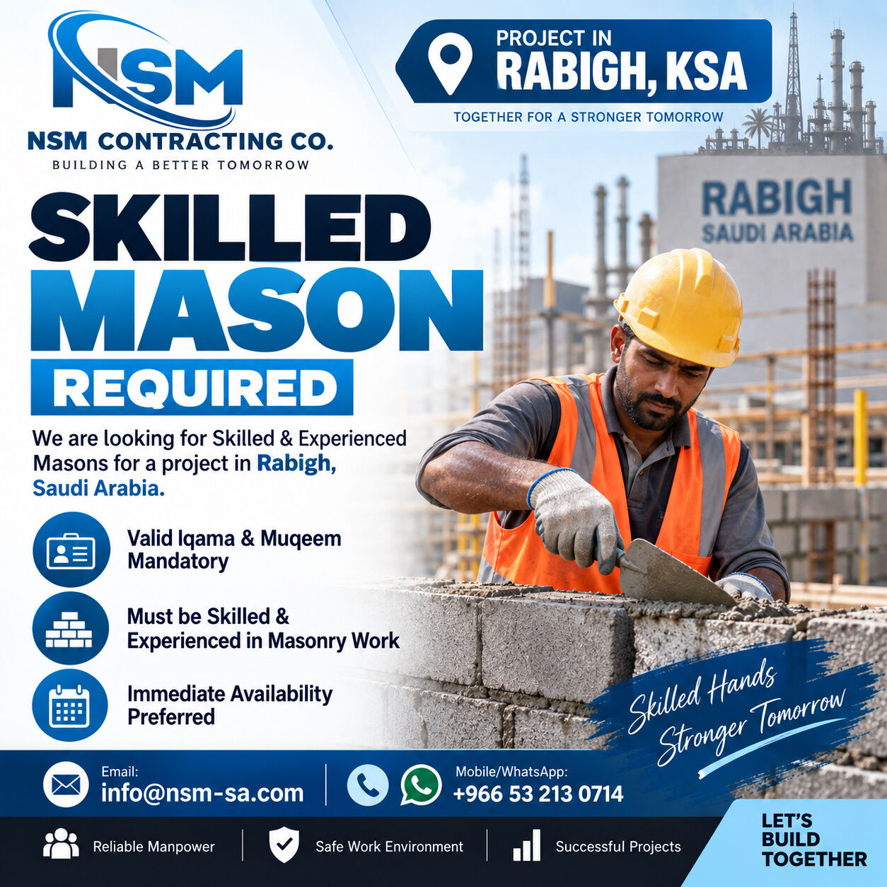 Dammam, Jobs, SKILLED MASON REQUIRED