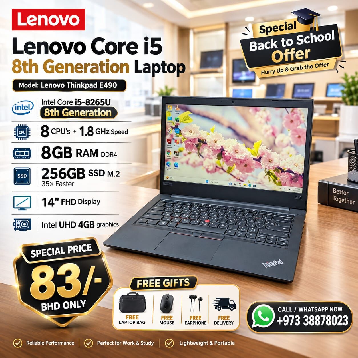 Manama, Tablet Computers, BHD 83,  Thinkpad Core I5 8th Gen Laptop 8GB RAM 35x Fast M.2 Win 11 & MS Office Ready Free GIFTS