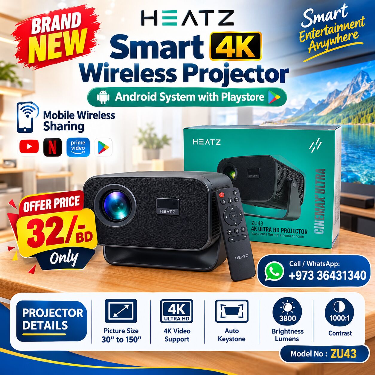 Manama, Computers, BHD 32,  Brand New 4K Smart Android WIFI Projector (Built-In Play Store) Mobile Screen Sharing