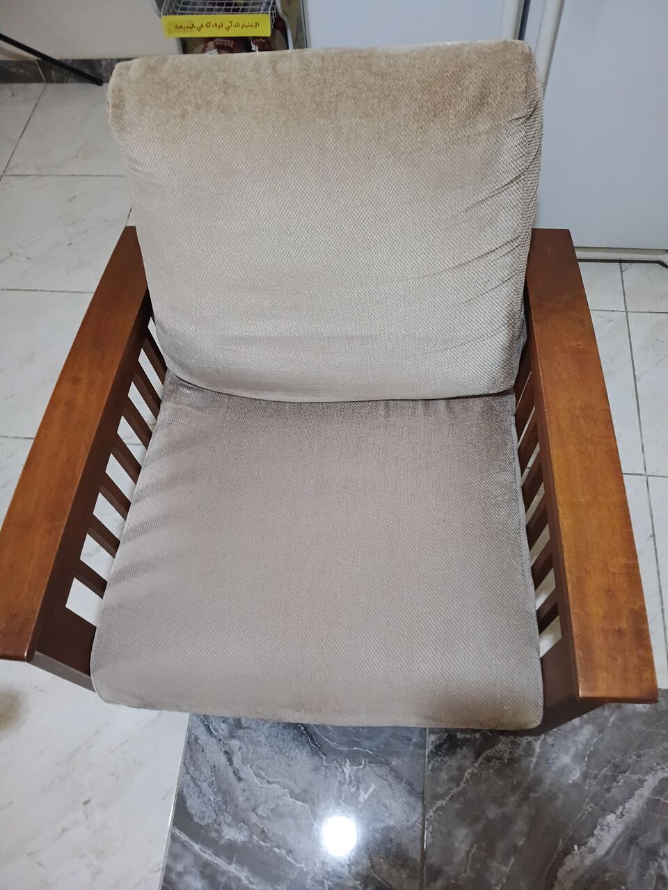 Al Aziziyah, Furniture, SAR 1200,  Sofa 3 + 2 + 1 Seater - Centerpoint Wooden Sofa With Beige Cushions &ndash; Great Condition