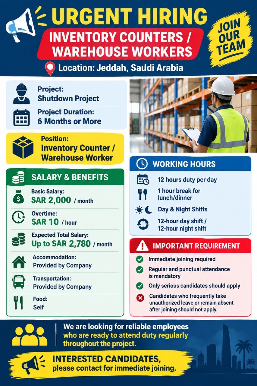 Jeddah, Jobs, 📢 URGENT HIRING – INVENTORY COUNTERS / WAREHOUSE WORKERS