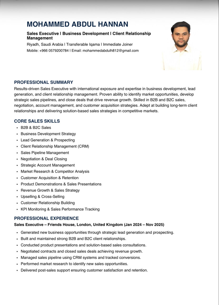 Riyadh, Job Seekers, Experienced Sales Executive | Business Development | B2B & B2C Sales