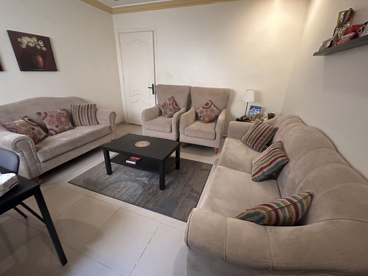 Jeddah, Furniture, SAR 1300,  7-Seater Sofa Set (3+2+1+1) - Beige Wood+Fabric With Coffee Table+Carpet