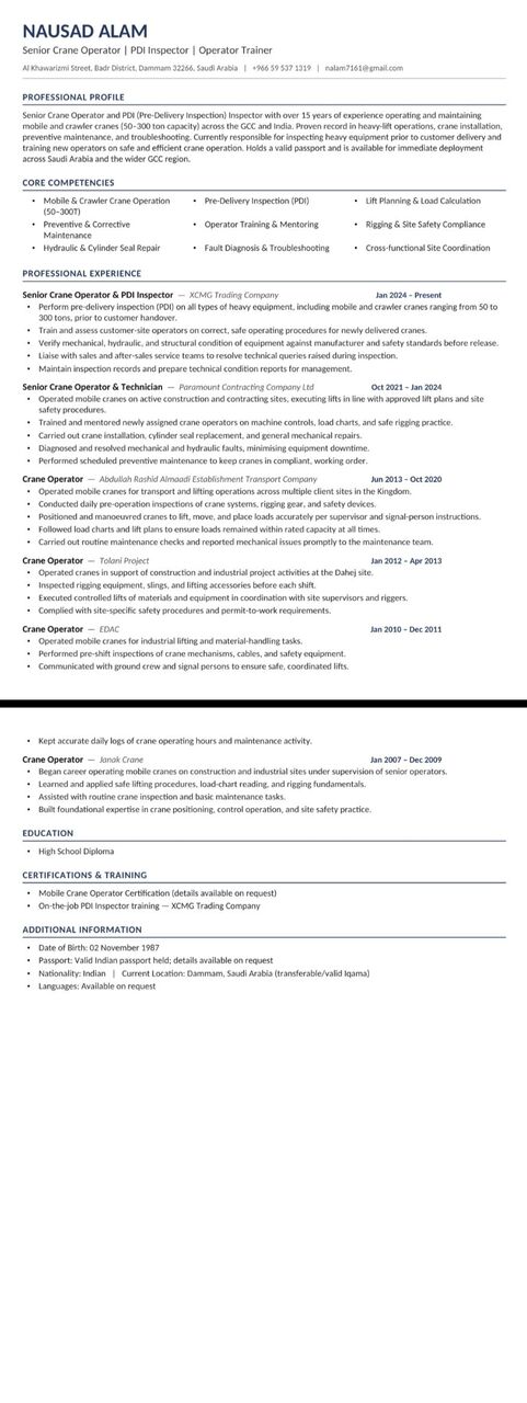 Dammam, Job Seekers, Mobile Crane Operator
