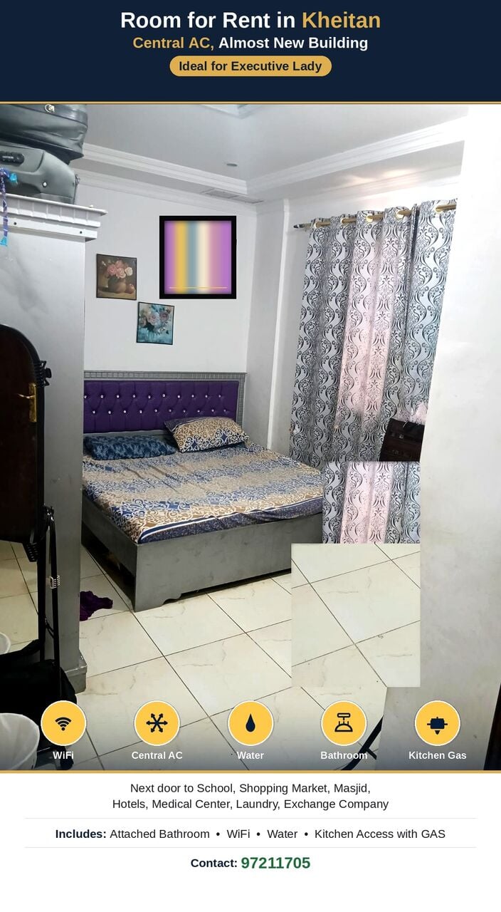 Kuwait City, Rooms for Rent, KWD 100/month,  Furnished,  Family Room Attached Bathroom (Central AC) &ndash; Excellent Location