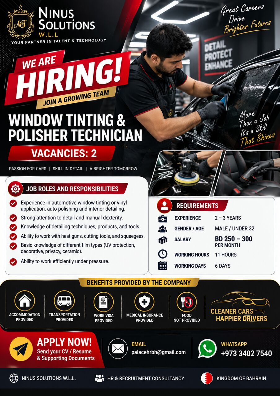 Manama, Jobs, URGENT HIRING FOR BAHRAIN  | WINDOW TINTING & POLISHER TECHNICIAN | 2 VACANCIES