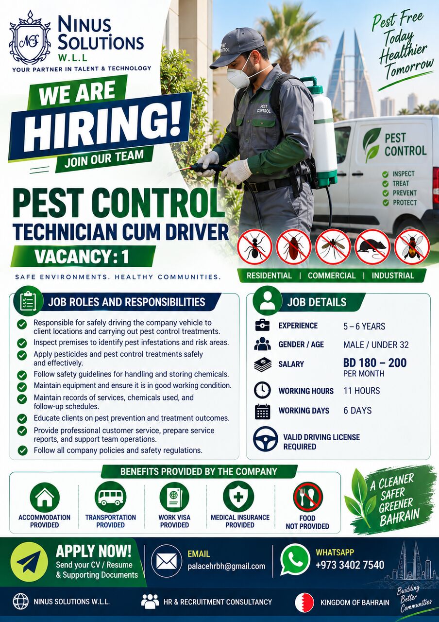 Manama, Jobs, URGENT HIRING FOR BAHRAIN | PEST CONTROL TECHNICIAN CUM DRIVER | 1 VACANCY