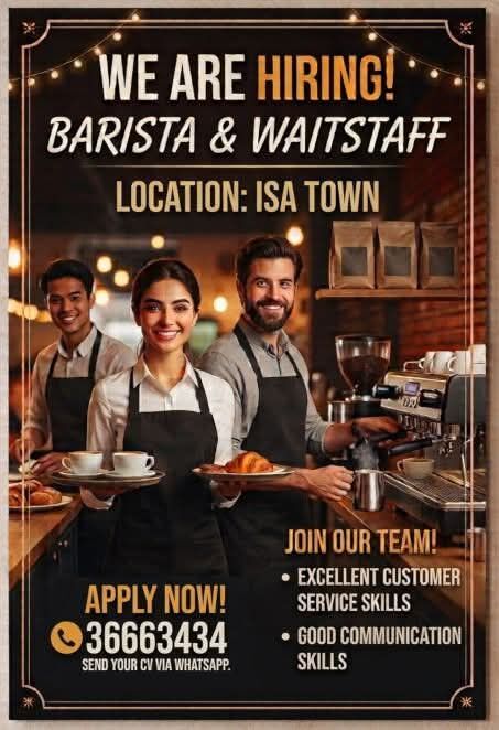 Isa Town, Jobs, BARISTA & WAITSTAFF & CHINESE COOK