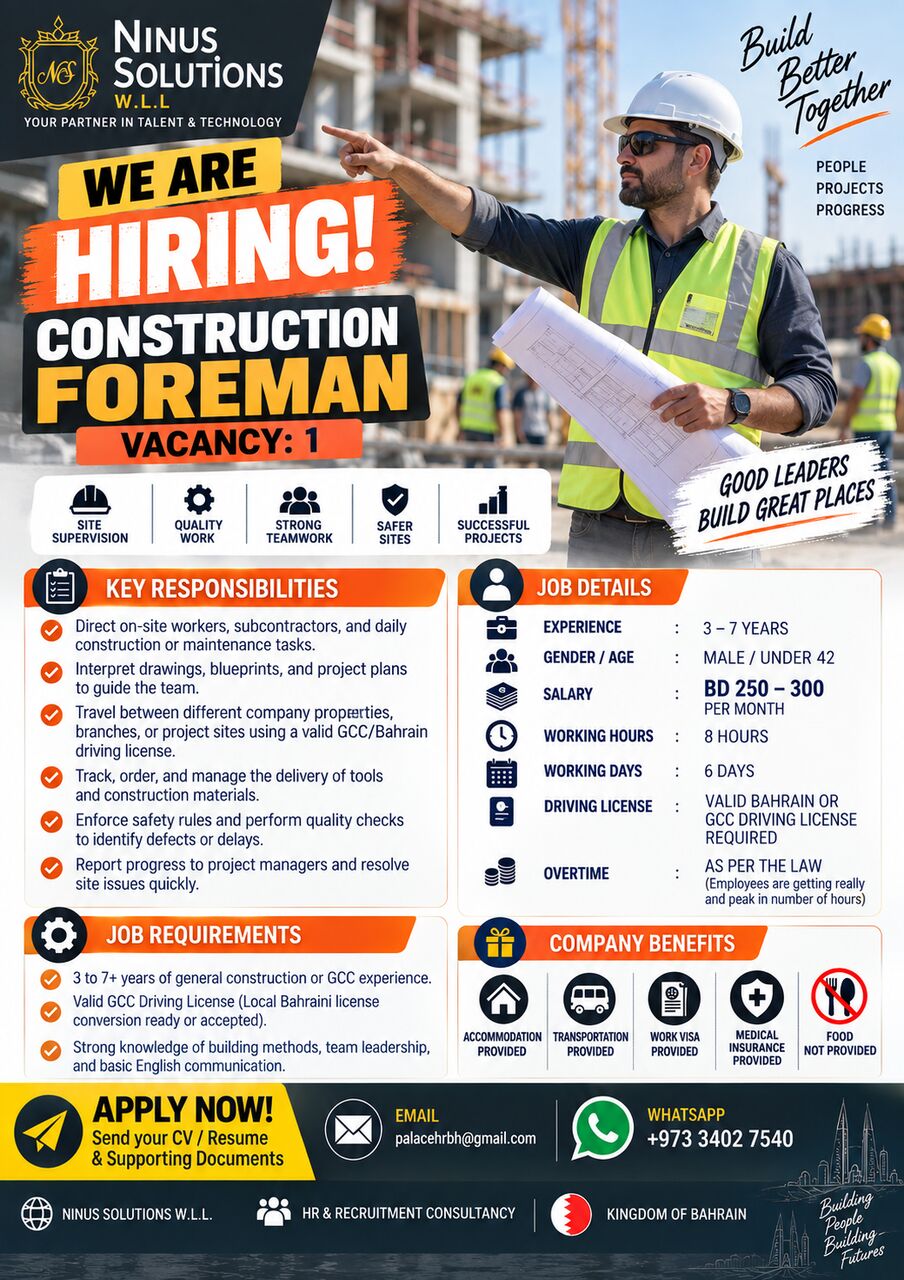 Manama, Jobs, URGENT HIRING FOR BAHRAIN | CONSTRUCTION FOREMAN | VALID GCC/BAHRAIN DRIVING LICENCE