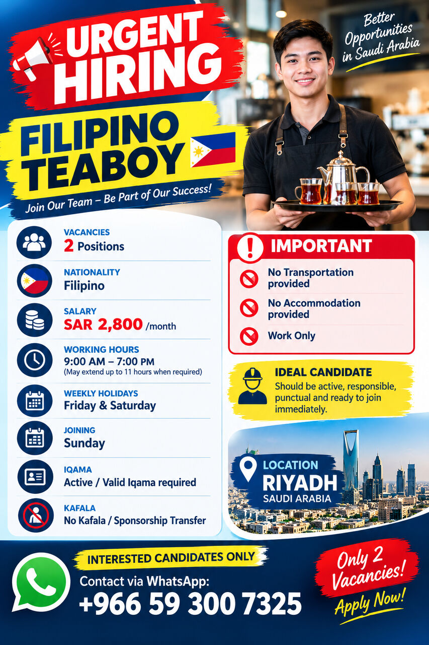 Riyadh, Jobs, 🚨 URGENT HIRING – FILIPINO TEABOY 🇵🇭🇸🇦
