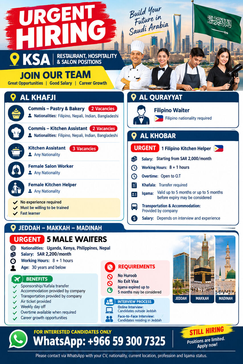 Riyadh, Jobs, 🚨 URGENT HIRING – KSA 🇸🇦 Restaurant, Hospitality & Salon Positions