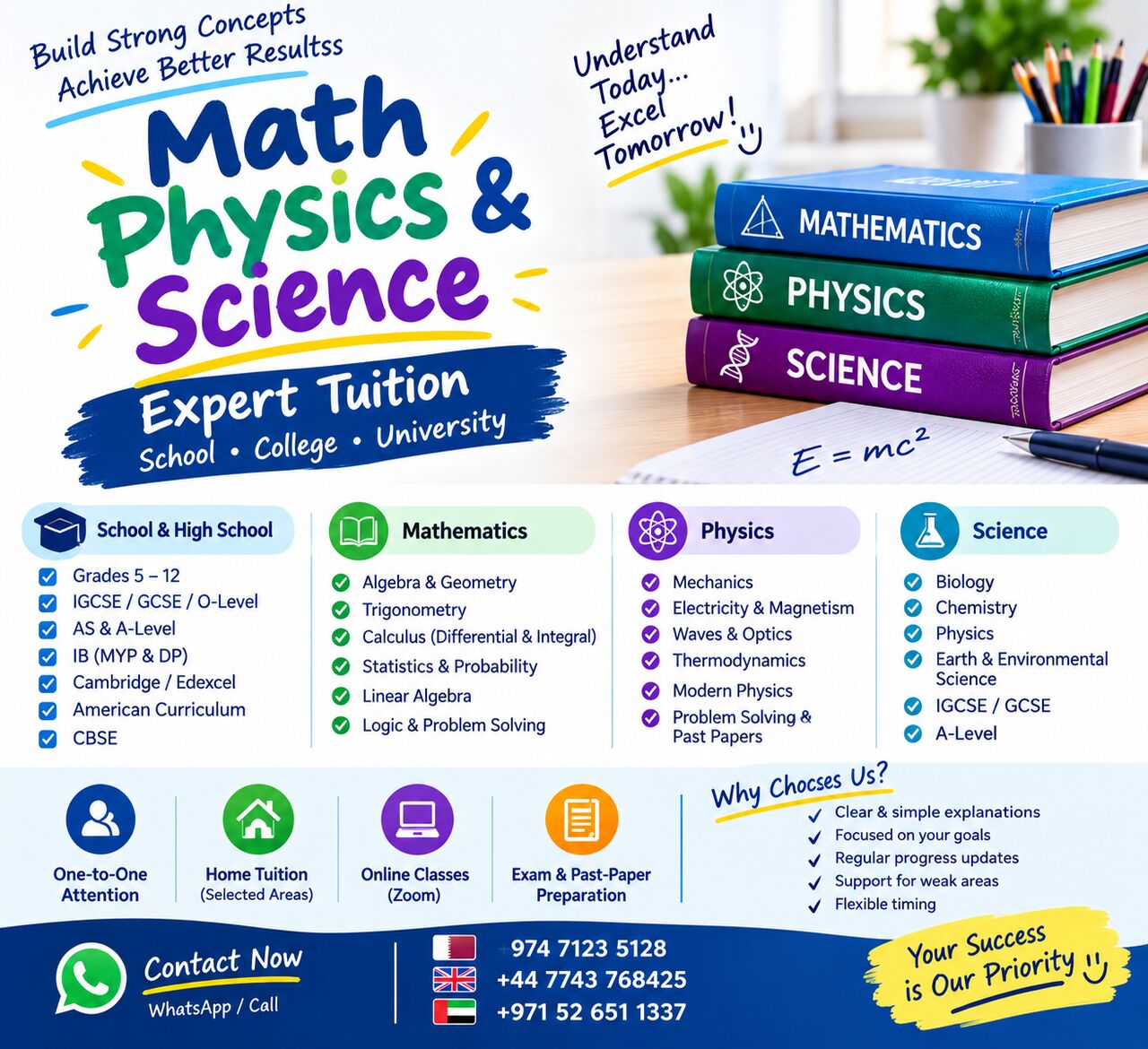 Riyadh, Lessons Offered, MATH &bull; PHYSICS &bull; SCIENCE | SCHOOL TO UNIVERSITY