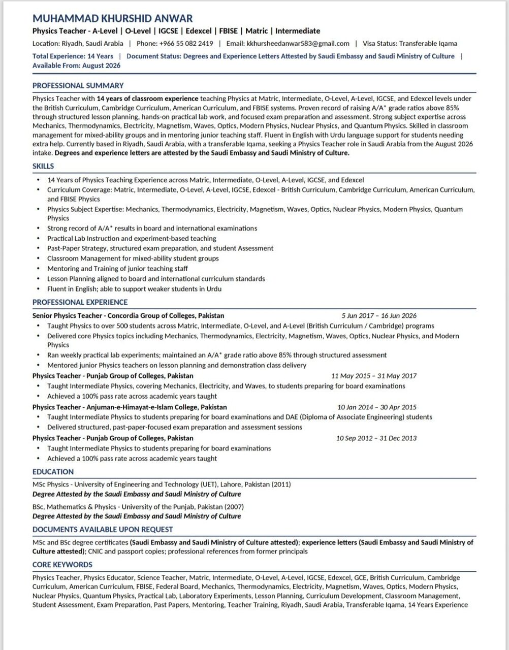 Makkah, Job Seekers, Physics,  Science And Mathematics Teacher