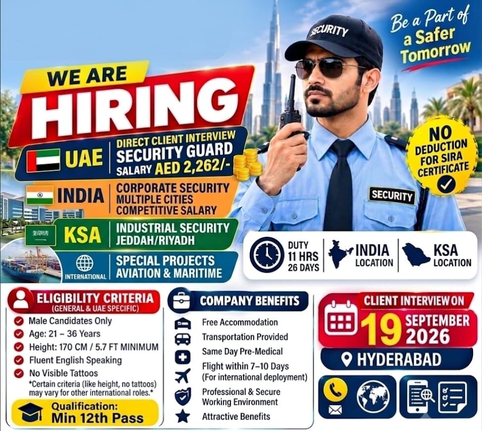 Kurnool, Jobs, SECURITY GUARDS FOR UAE