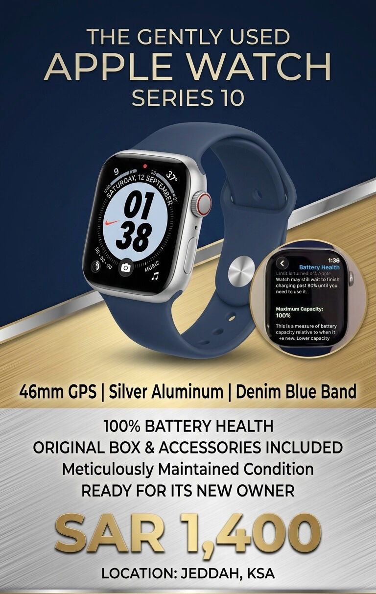 Jeddah, Watches, SAR 1400,  Apple Watch Series 10 (46mm, GPS) &ndash; Silver Aluminum / Denim Sport Band (100% Battery Healt