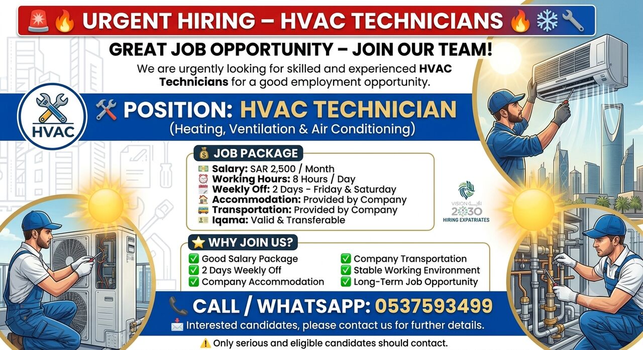 Riyadh, Jobs, HVAC Technician Heating, Ventilation & Air Conditioning