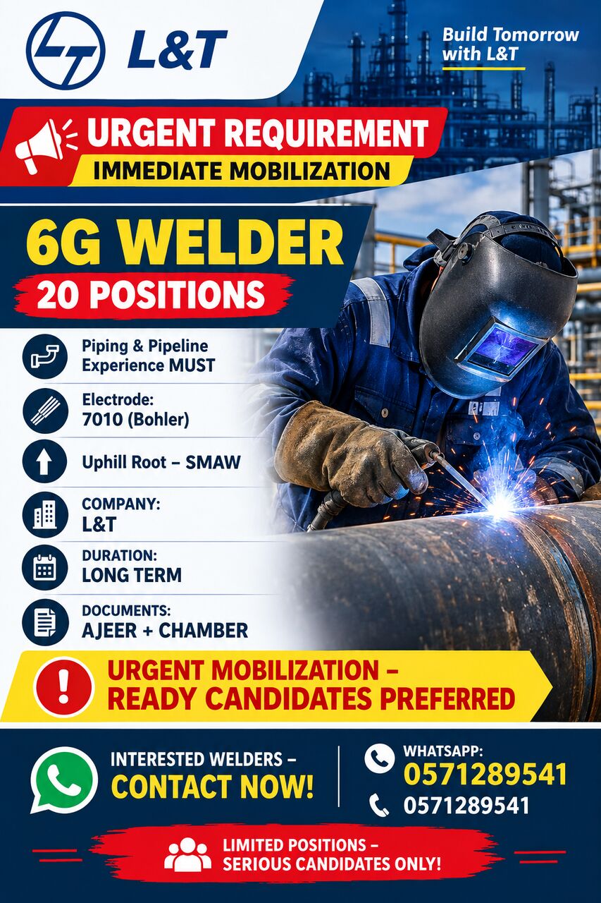 Jubail, Jobs, URGENT 6G WELDERS | IMMEDIATE MOBILIZATION | LONG TERM