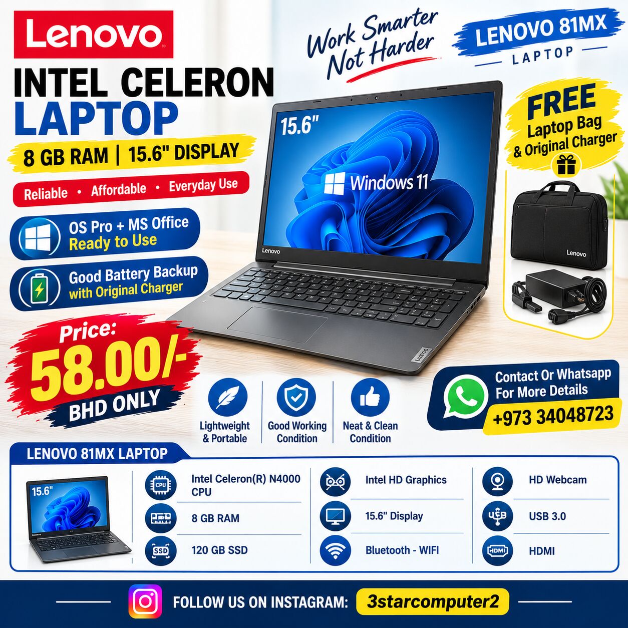 Manama, Tablet Computers, BHD 58,  Lenovo Intel Celeron Laptop 8GB RAM 15.6" Display Win & MS Office Ready To Use