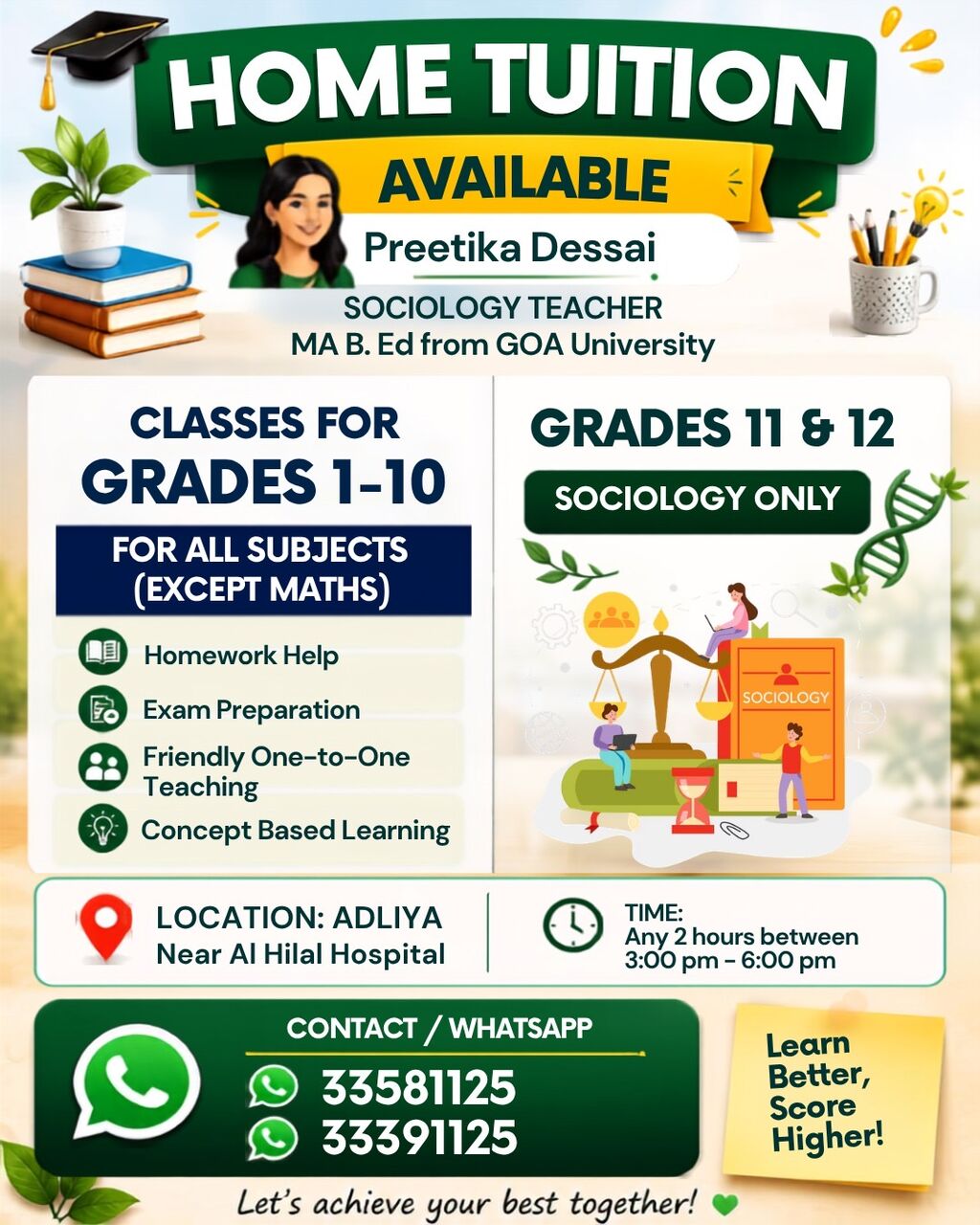 Adliya, Lessons Offered, Tuition Classes ( English Speaking Classes Available)