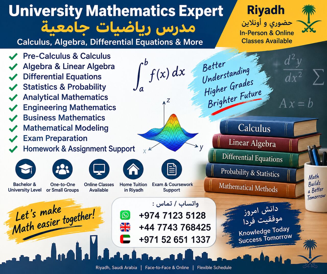 Riyadh, Lessons Offered, University Mathematics Expert | مدرس رياضيات جامعية | Calculus, Algebra & Differential Equ