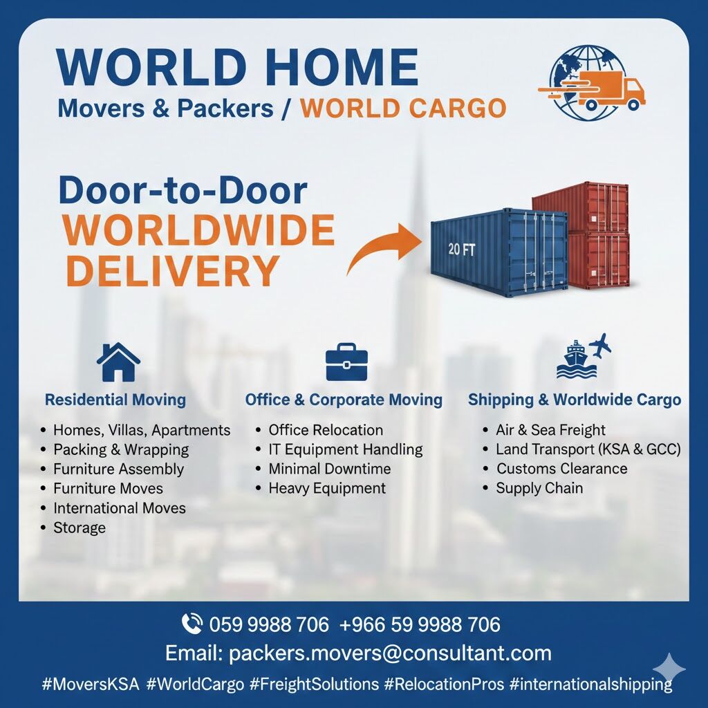 Khobar, Labor/Moving, WORLD HOME Movers Packers➡️Door To Door CARGO DELIVERY➡️20-40 FT Containers➡️ 0599988706.`