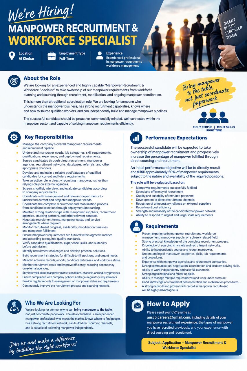 Al Khobar Al Shamalia, Jobs, MANPOWER RECRUITMENT & WORKFORCE SPECIALIST