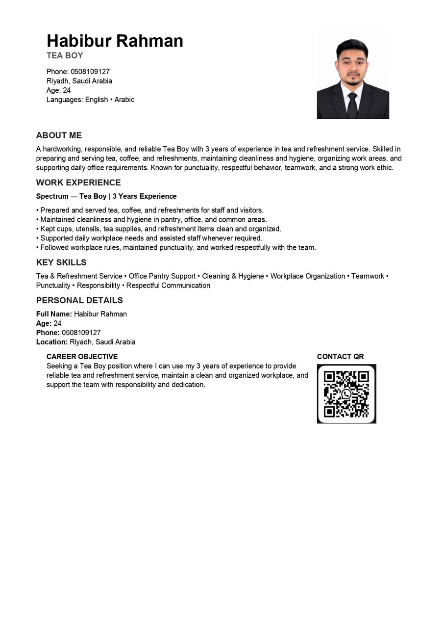 Riyadh, Job Seekers, Experienced Tea Boy / Cleaner &ndash; 3 Years Experience