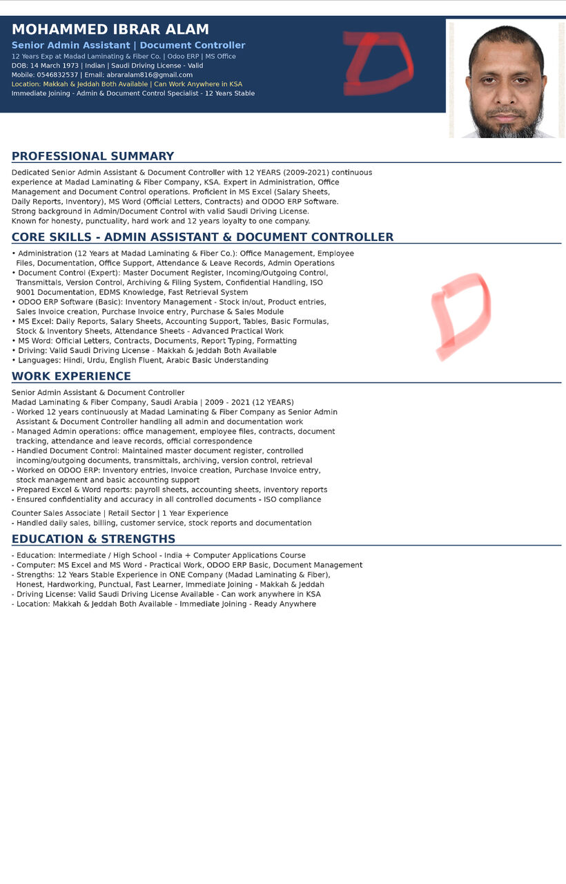 Makkah, Job Seekers, Admin Assistant / Document Controller / Office Assistant
