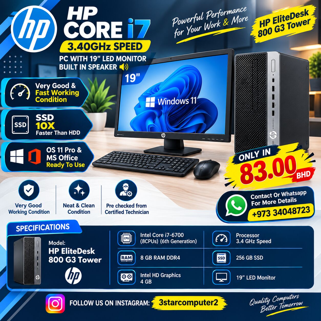 Manama, Tablet Computers, BHD 83,  HP Core I7 3.40GHz Speed 6th GEN SSD 10x Fast 19" LEDMonitor Win 11,MS Office Ready To Use
