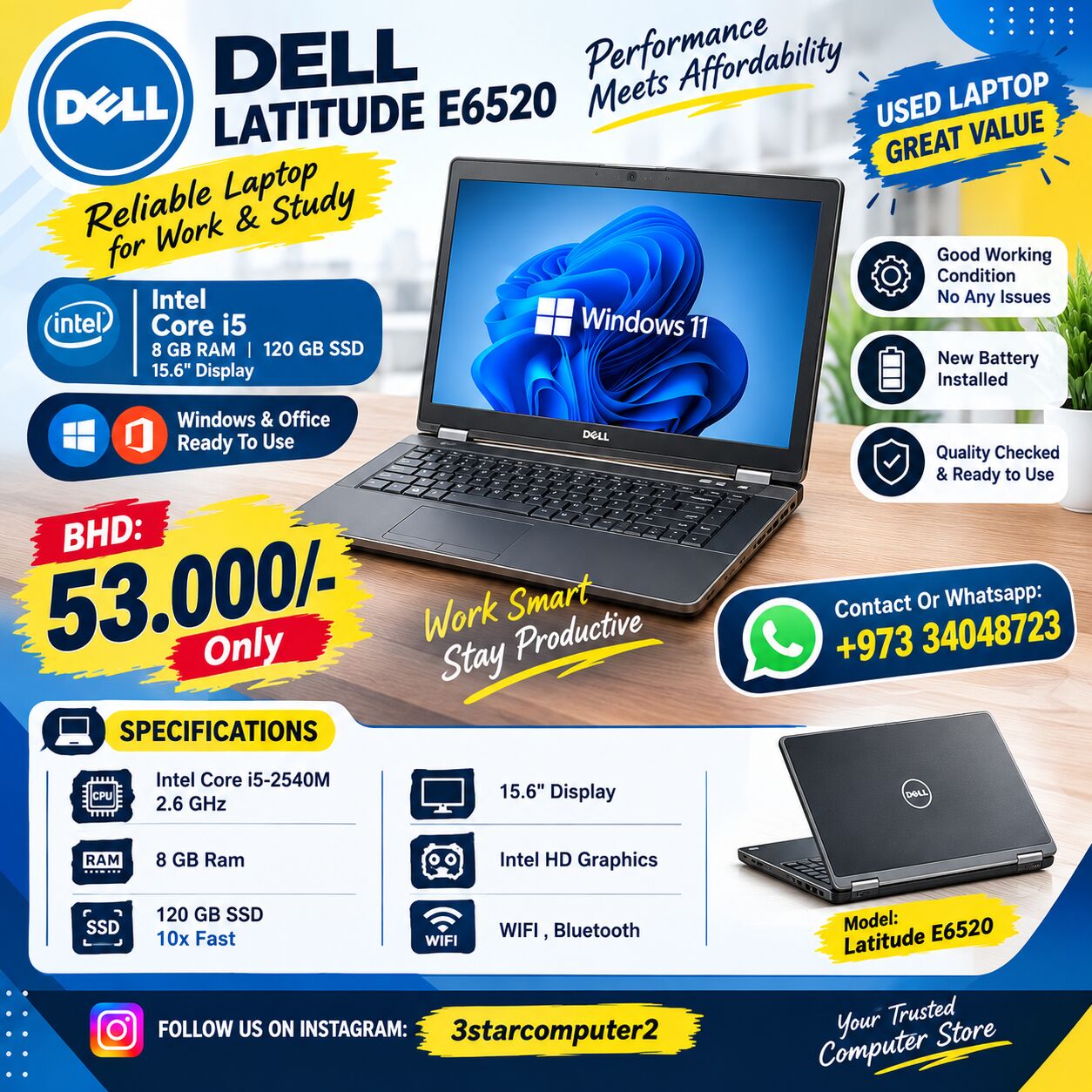 Manama, Tablet Computers, BHD 53,  Dell Laptop Core I5 8GB RAM SSD 10x Fast 15.6" Display Windows & Office Ready To Use