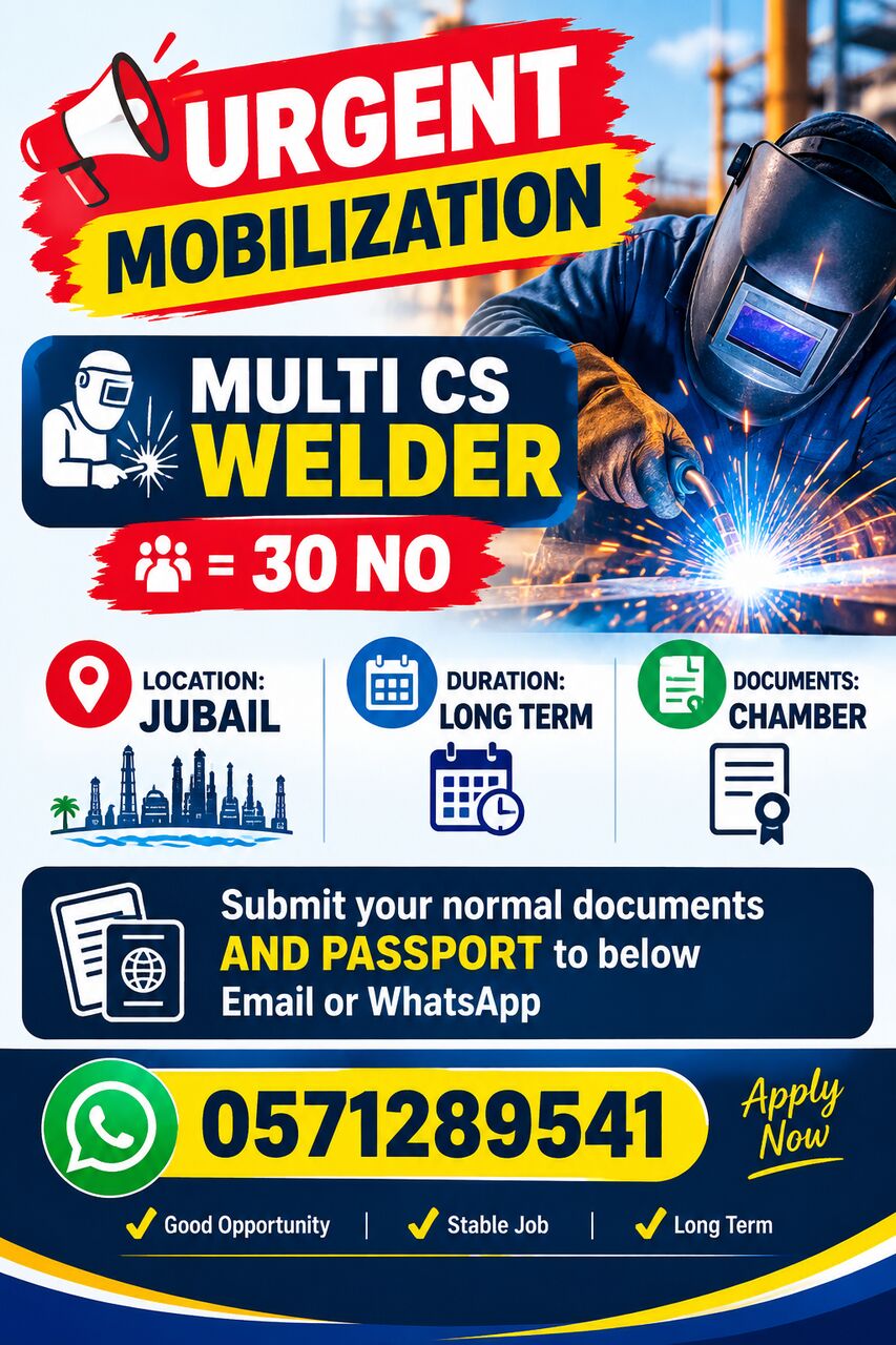 Jubail, Jobs, MULTI CS WELDER- LONG TERM, URGENT & FAT By Company