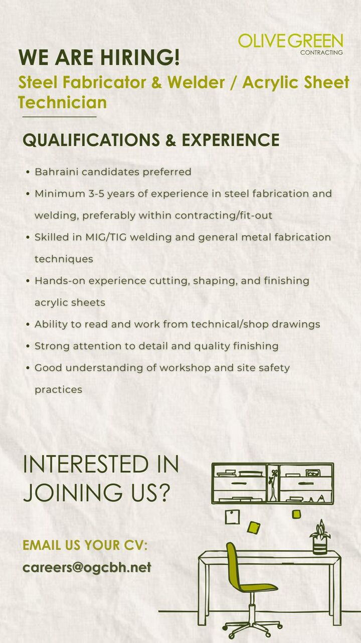 Manama, Jobs, Steel Fabricator & Welder / Acrylic Sheet Technician