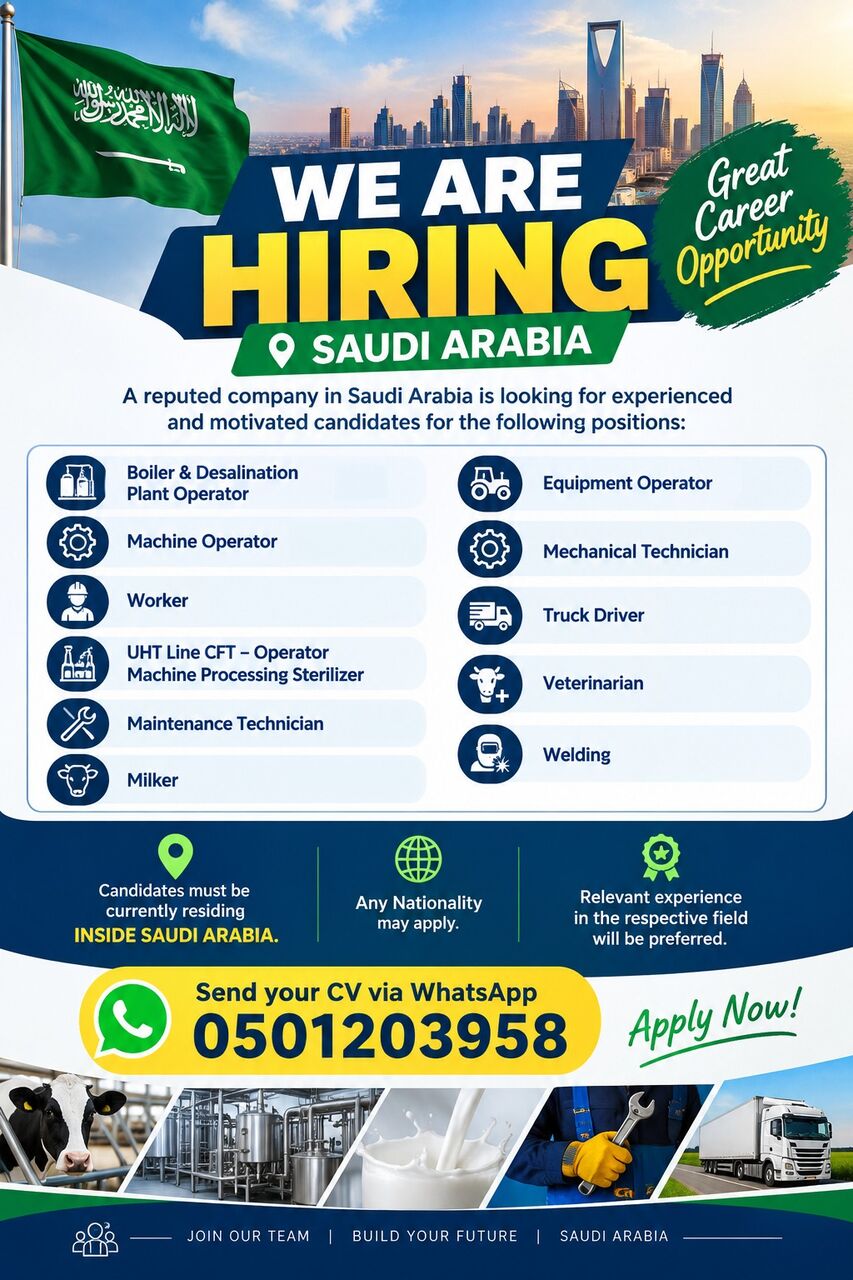 Riyadh, Jobs, Agriculture Workers, Truck Drivers, Machine Operators,  Veterinarian Etc