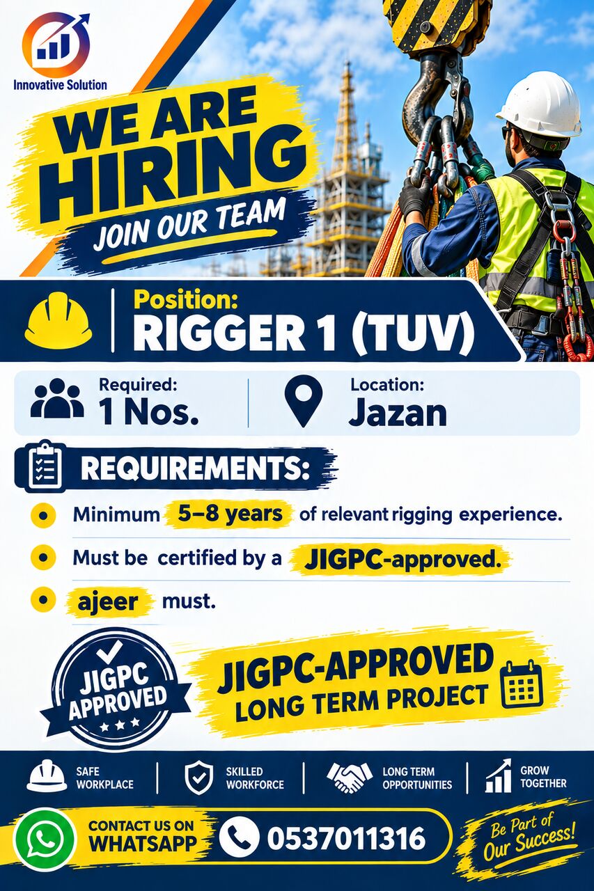 Jubail, Jobs, URGENT REQUIERD RIGGER LEAVEL 1 (TUV)
