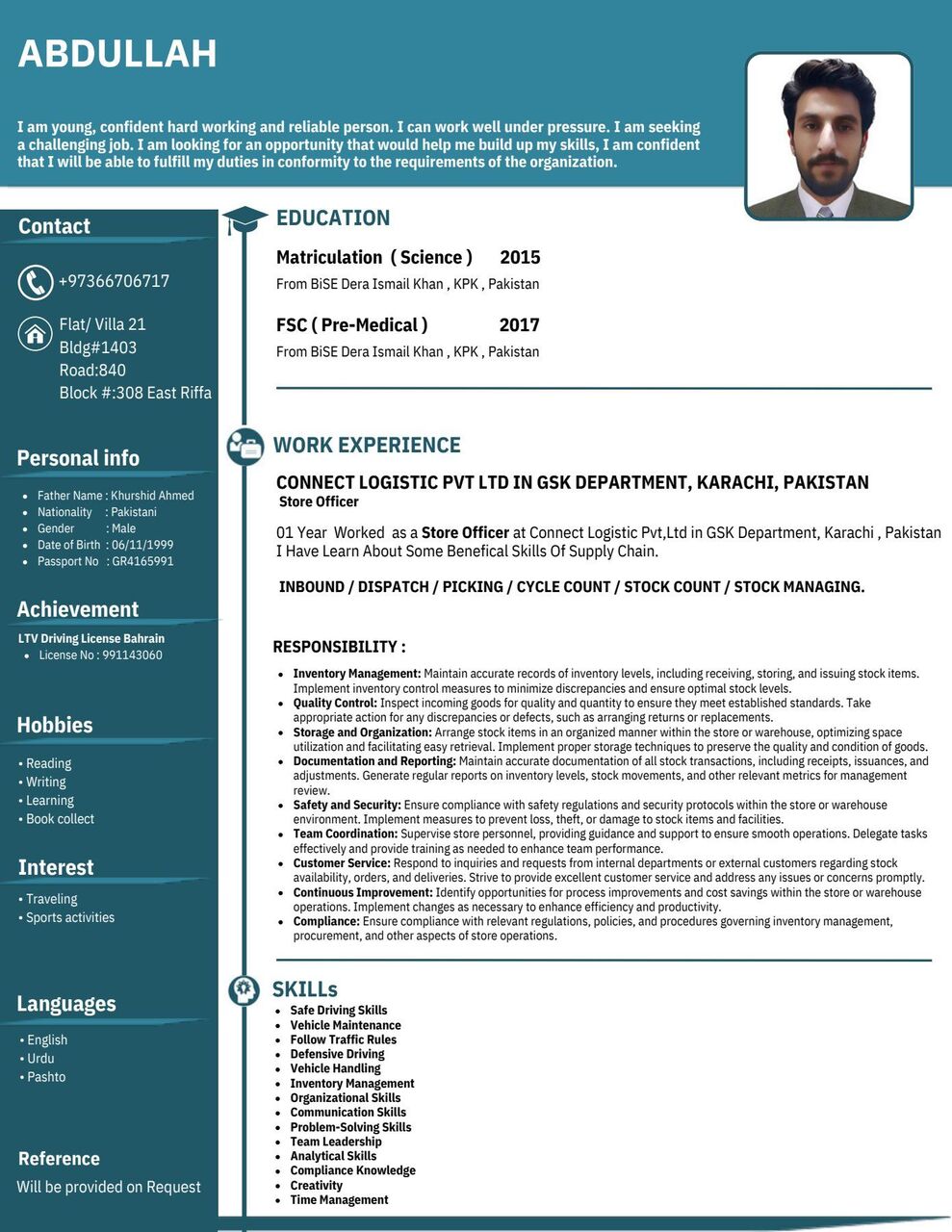 East Riffa, Job Seekers, My Name Is Abdullah Khan I Am A Light Vehicle Driver.