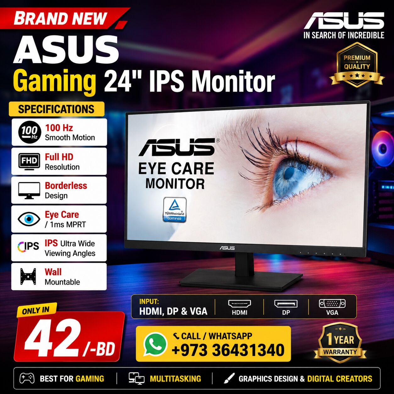 Isa Town, Computers, BHD 42,  Brand New ASUS Gaming 24" IPS Monitor 100Hz With Warranty (Offer Price 42/-BD Only)
